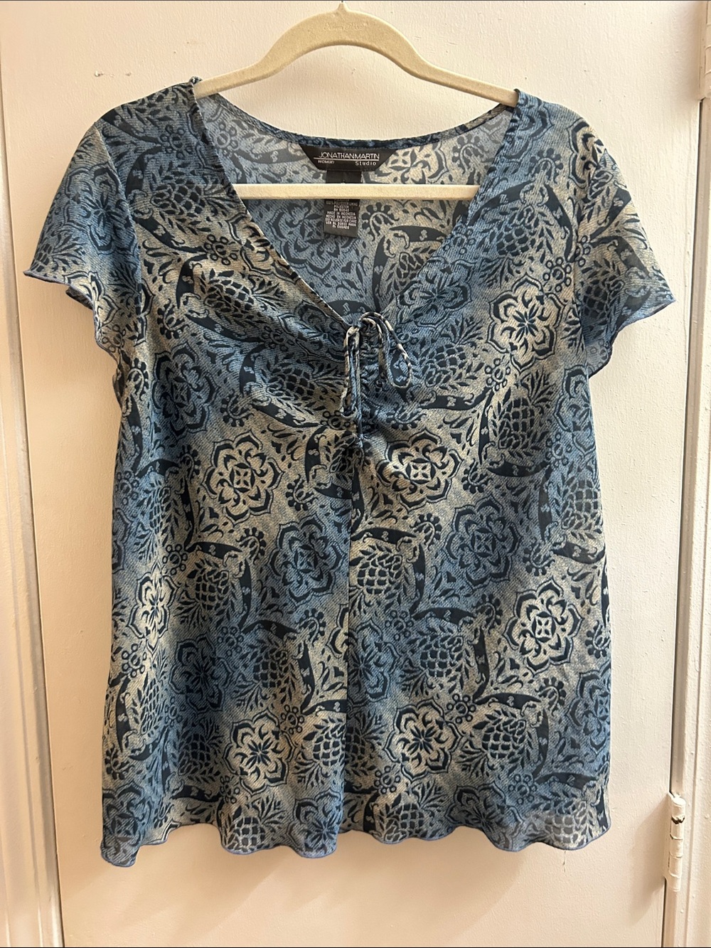 Blue Floral Tie-Front V-Neck Blouse